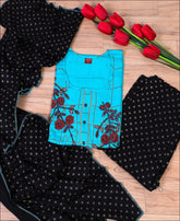 Dark Turquoise Rayon hand work Kurti Set
